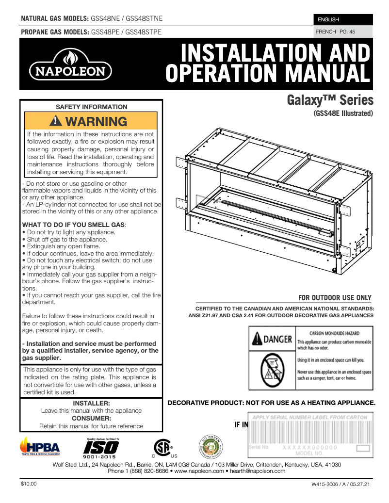 Page 1 de la notice Manuel utilisateur Napoleon Galaxy 48