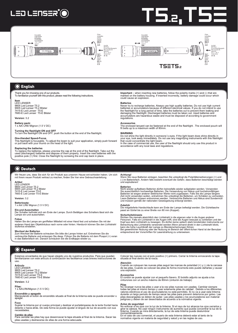 Page 1 de la notice Manuel utilisateur Ledlenser T5E