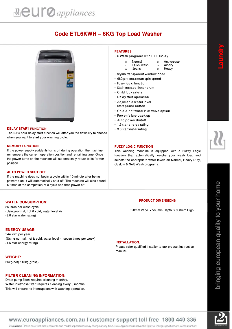 Page 1 de la notice Fiche technique Euro Appliances ETL6KWH