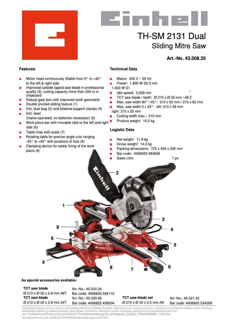 Page n°1 - Fiche technique Einhell TH-SM 2131 Dual