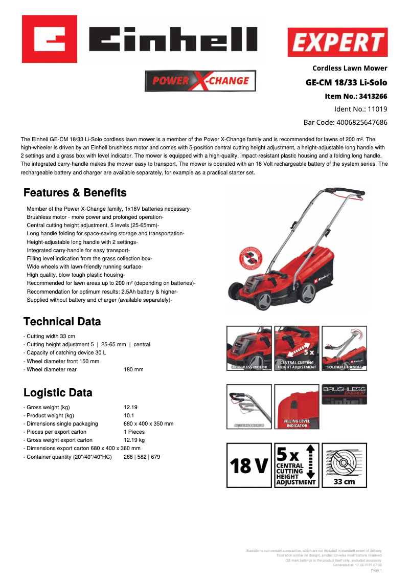 Page 1 de la notice Manuel utilisateur Einhell GE-CM 18/33 Li-Solo