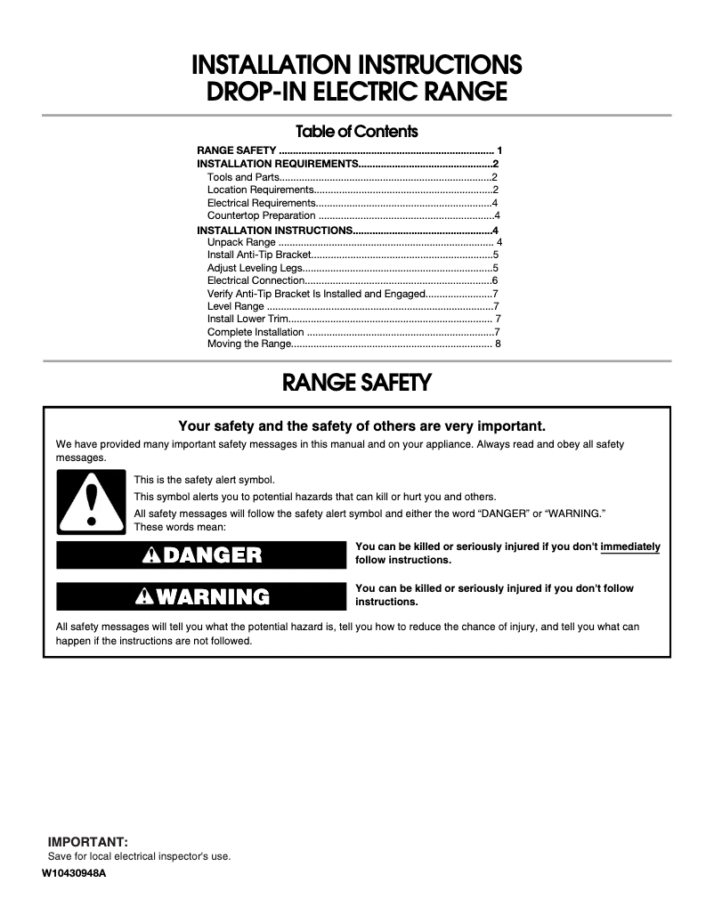 Page 1 de la notice Guide d'installation Whirlpool WDE350LVS