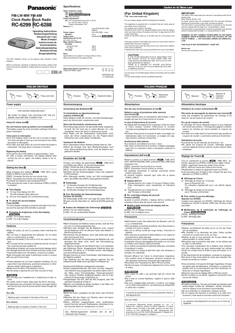 Page 1 de la notice Manuel utilisateur Panasonic RC-6299