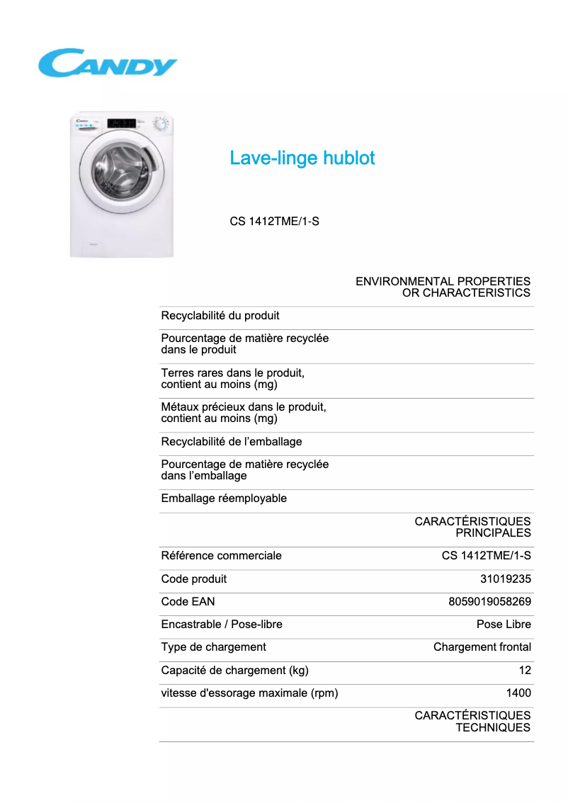 Page 1 de la notice Fiche technique Candy CS 1412TME/1-S