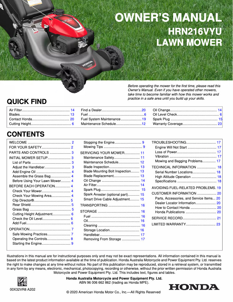 Page 1 de la notice Manuel utilisateur Honda HRN216VYU