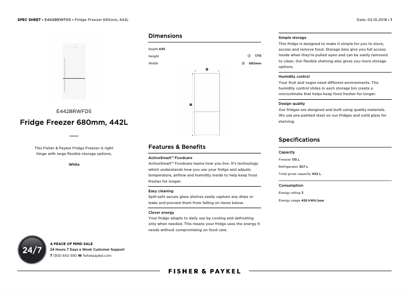 Page 1 de la notice Fiche technique Fisher & Paykel E442BRWFD5