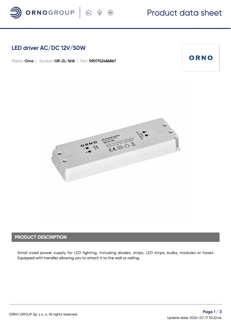 Page 1 de la notice Fiche technique ORNO OR-ZL-1616
