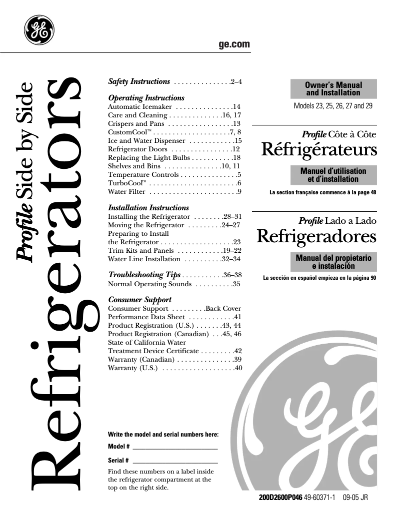 Page 1 de la notice Guide d'installation GE Profile CustomStyle PSI23NGPWW