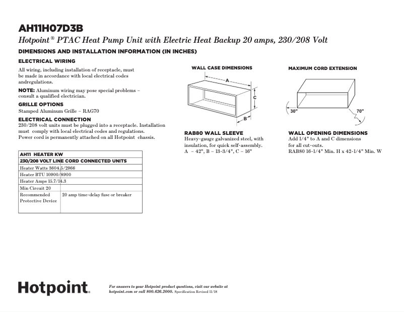 Page 1 de la notice Fiche technique Hotpoint AH11H07D3B
