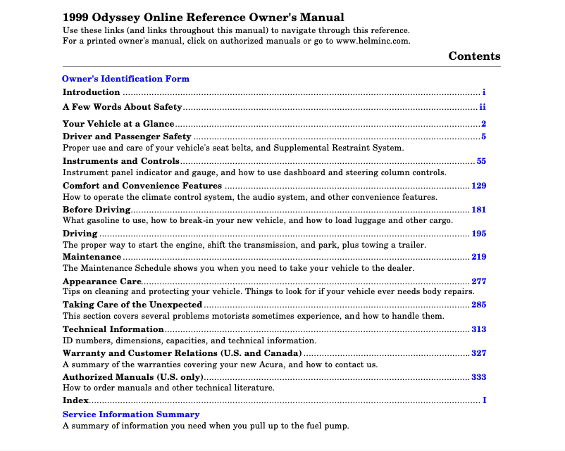 Page 1 de la notice Manuel utilisateur Honda Odyssey (1999)