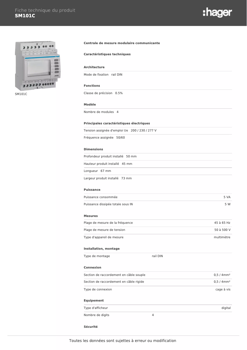 Página 1 del manual Ficha técnica Hager SM101C