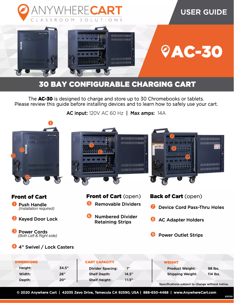 Page 1 de la notice Manuel utilisateur Anywhere Cart AC-30