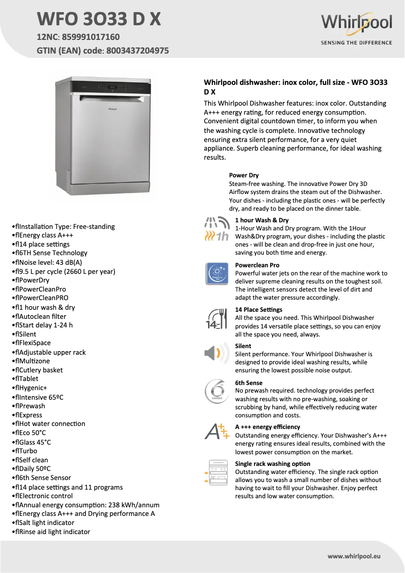 Page 1 de la notice Fiche technique Whirlpool WFO 3O33 D X
