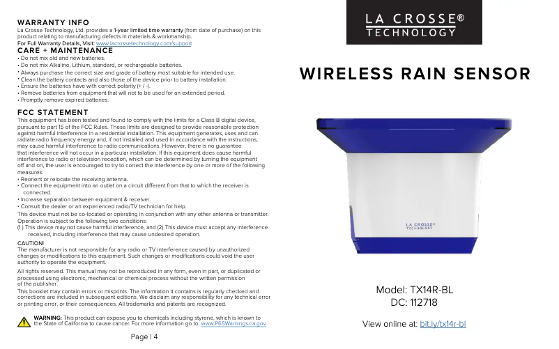 Page n°1 - Manuel utilisateur La Crosse Technology TX14R-BL