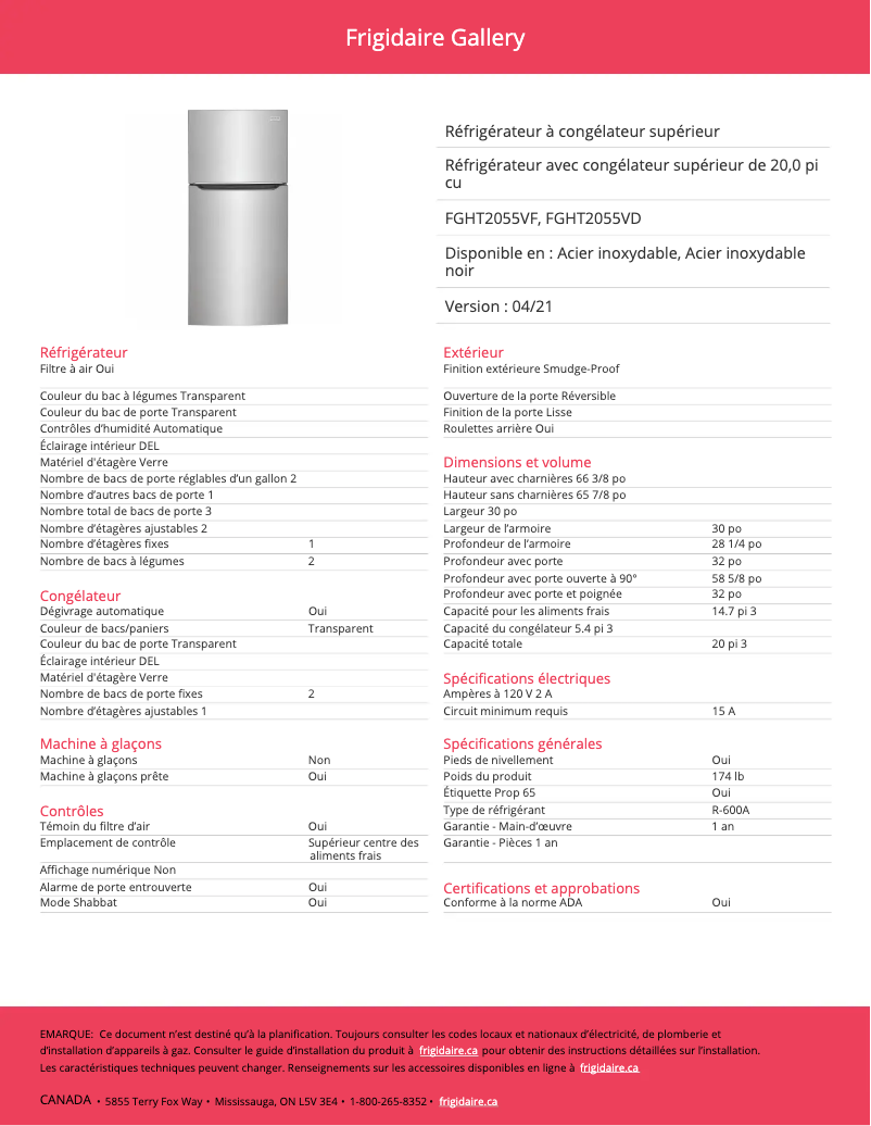 Page 1 de la notice Fiche technique Frigidaire FGHT2055VD