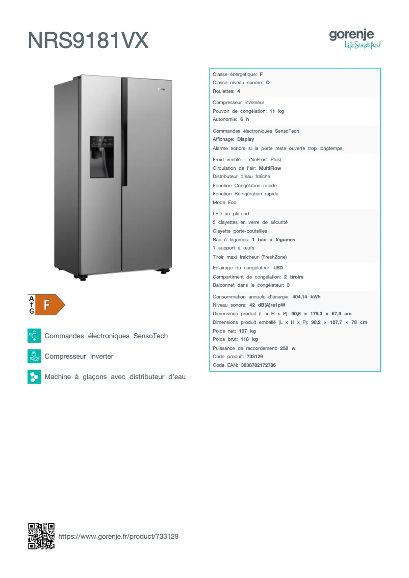 Page n°1 - Fiche technique Gorenje NRS9181VX