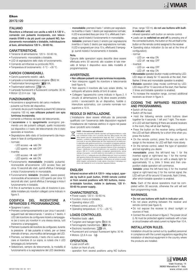 Page 1 de la notice Manuel utilisateur Vimar 20172.120