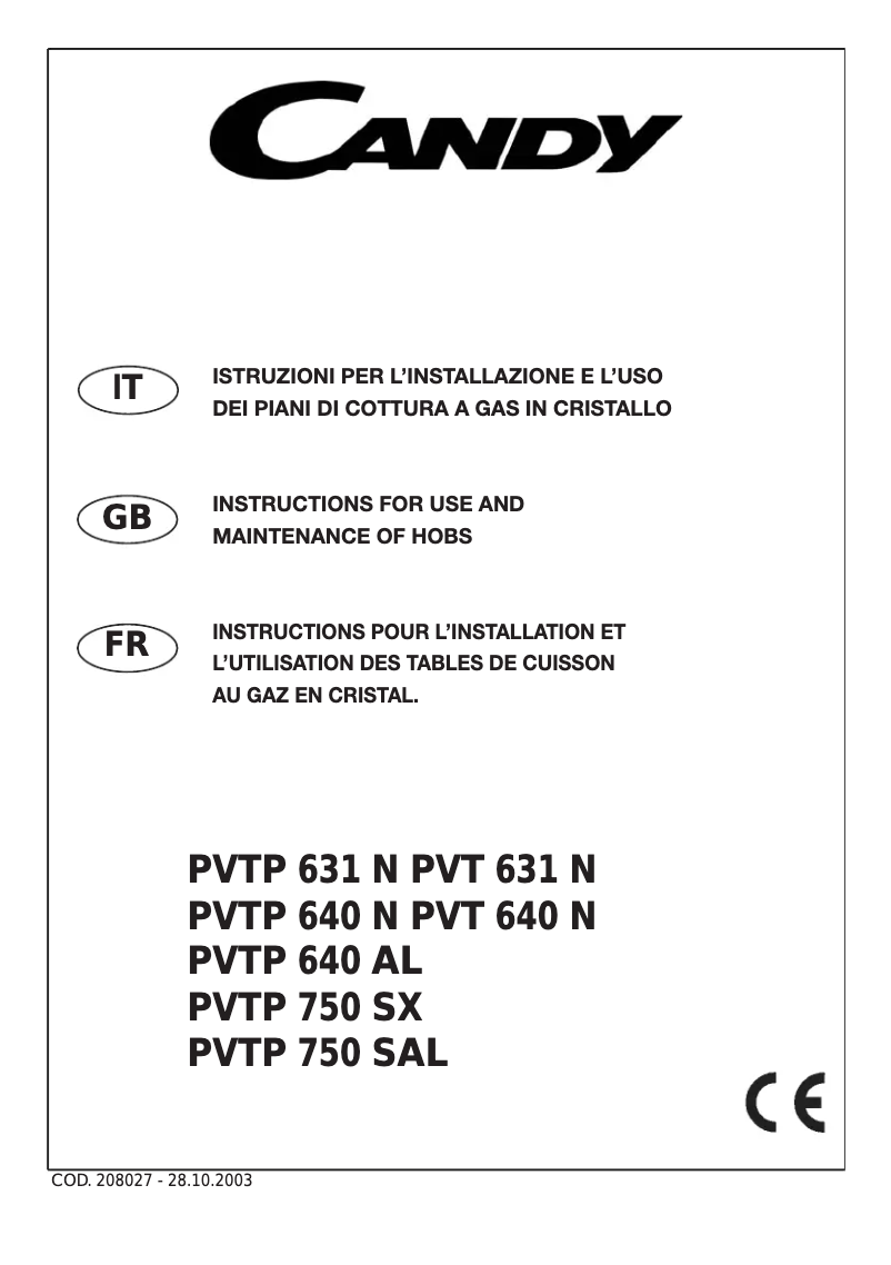 Page n°1 - Manuel utilisateur Candy PVTP640NC