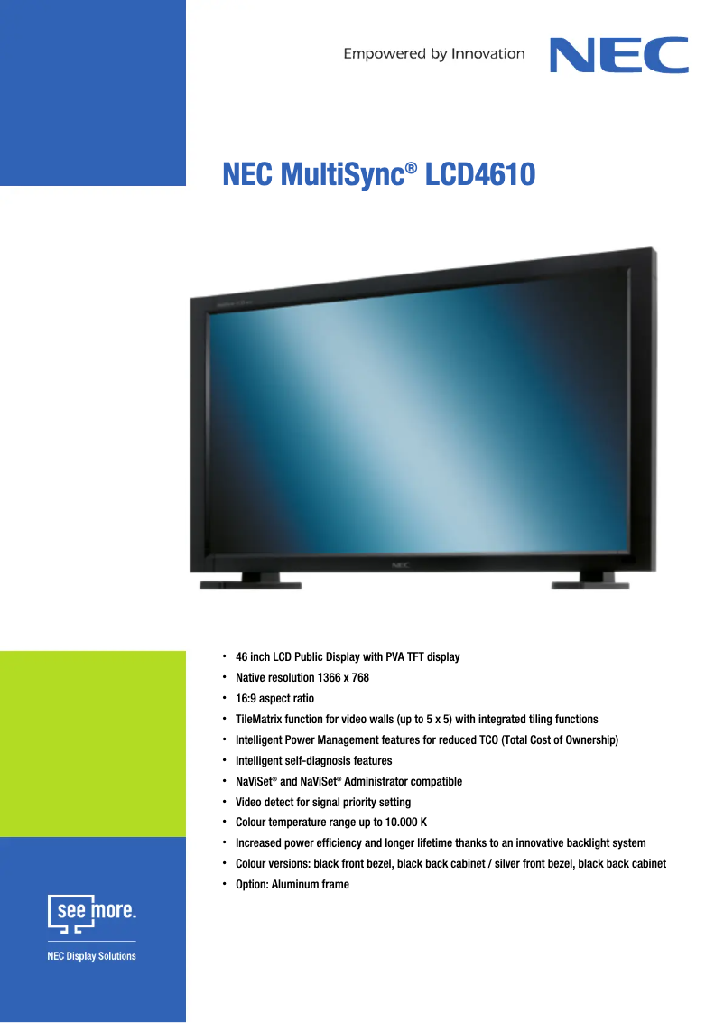 Page 1 de la notice Fiche technique NEC MultiSync LCD4610