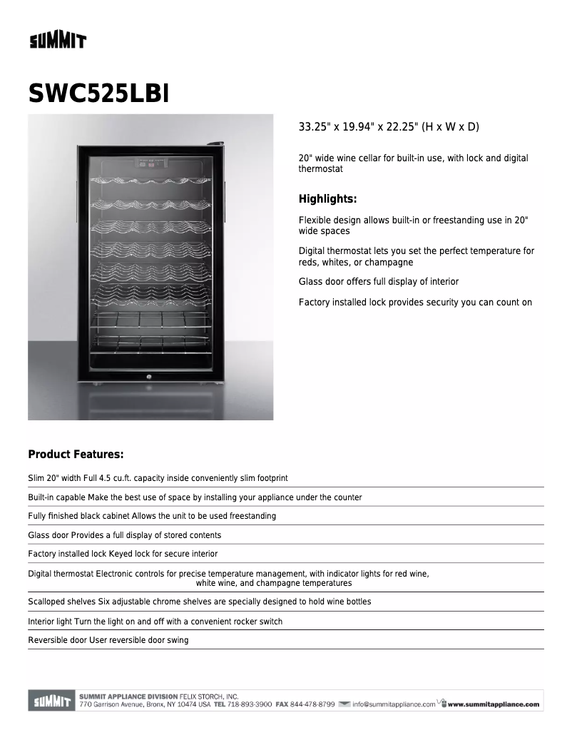 Page 1 de la notice Fiche technique Summit SWC525LBI7