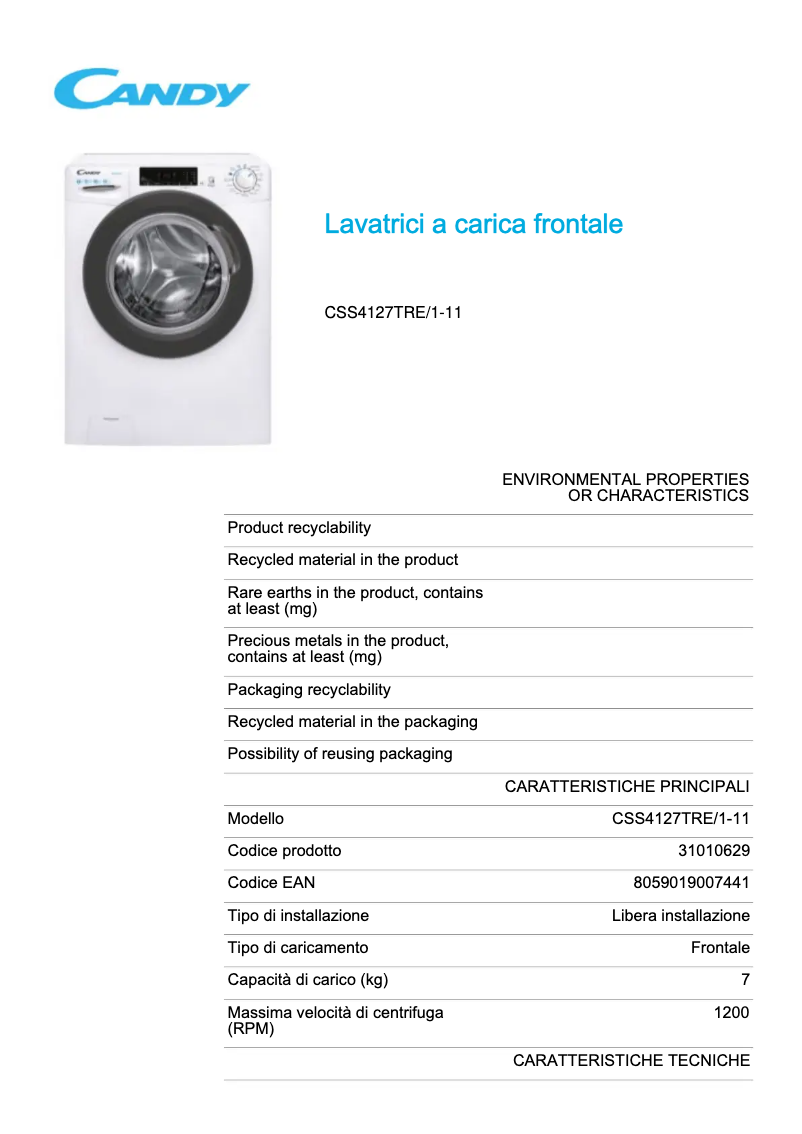 Page 1 de la notice Fiche technique Candy CSS4127TRE/1-11