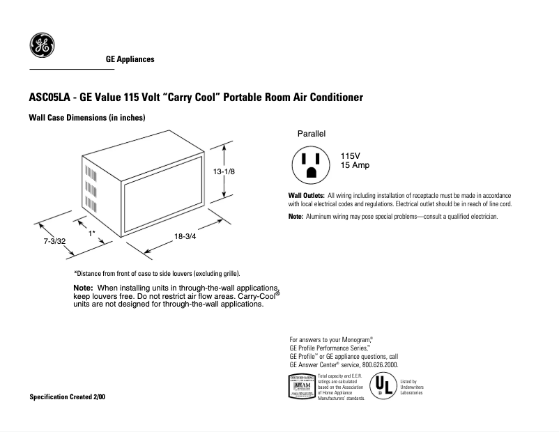 Page 1 de la notice Fiche technique GE ASC05LA