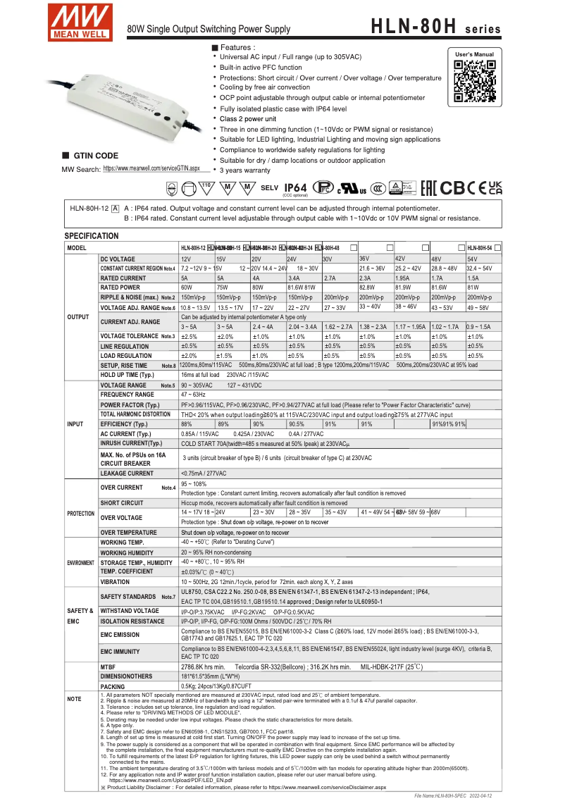 Page 1 de la notice Manuel utilisateur Mean Well HLN-80H-30A