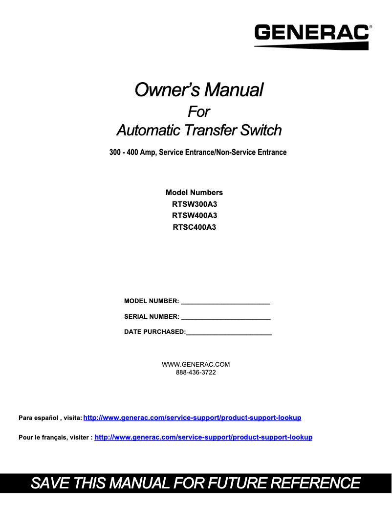 Page n°1 - Manuel utilisateur Generac RTSC400A3