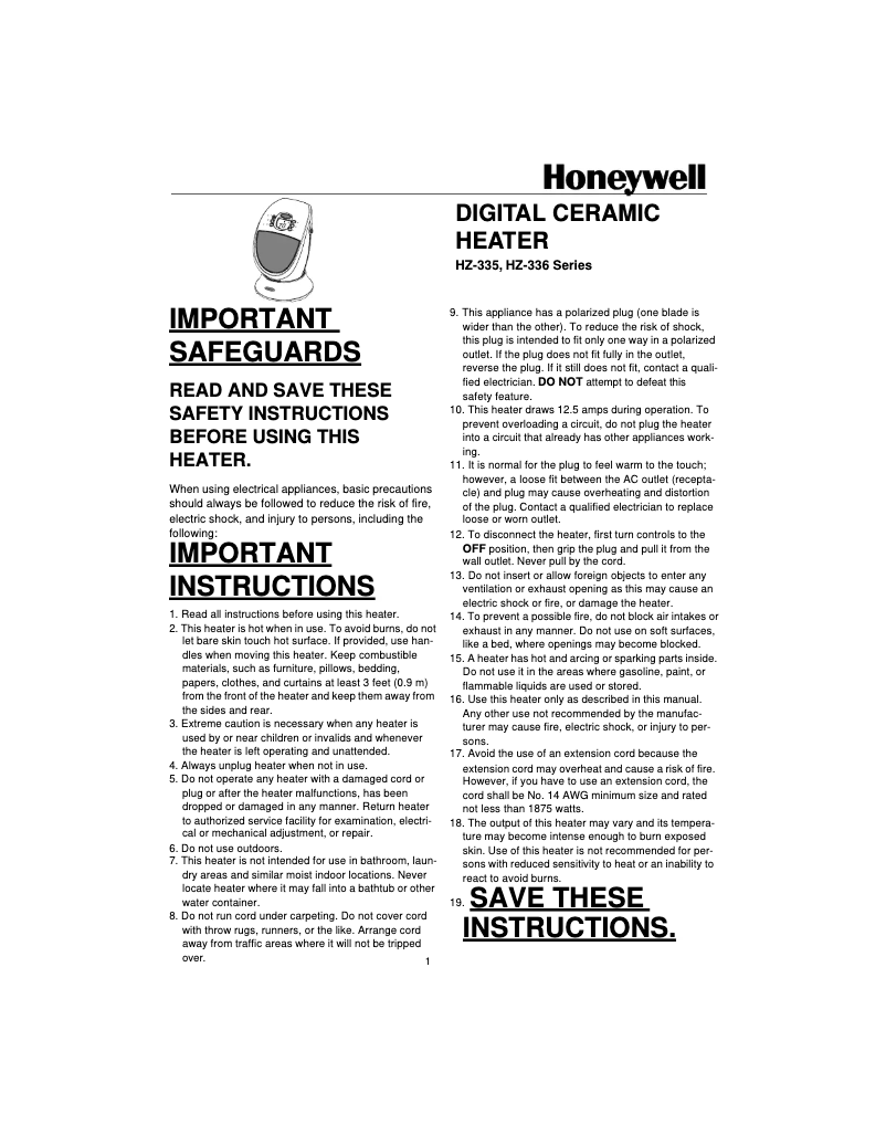 Page 1 de la notice Manuel utilisateur Honeywell HZ-335