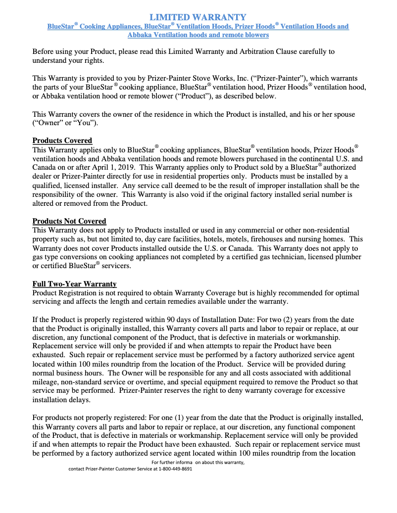 Page n°1 - Informations de garantie BlueStar RCS30SBV2C-9005