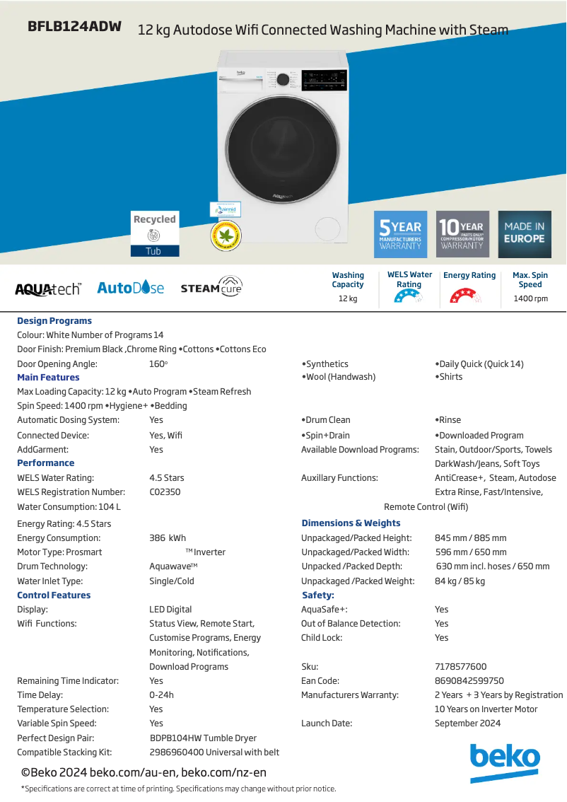 Image de la première page du manuel de l'appareil BFLB124ADW