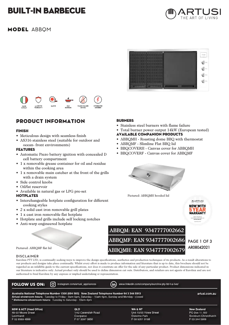 Página 1 del manual Ficha técnica Artusi ABBQM