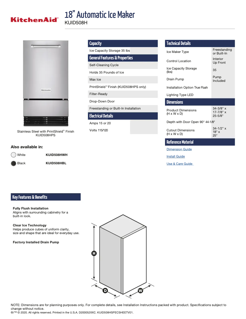 Page n°1 - Fiche technique KitchenAid KUID508HPS