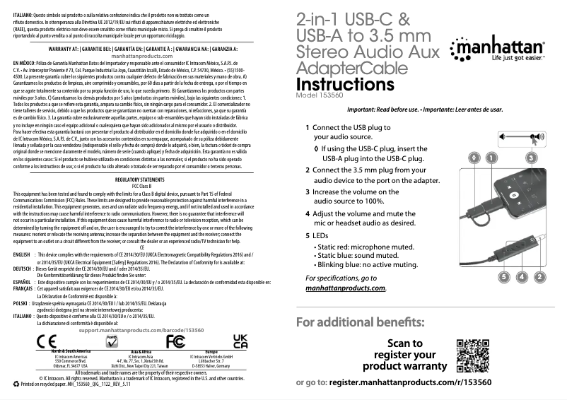 Page 1 de la notice Manuel utilisateur Manhattan 153560