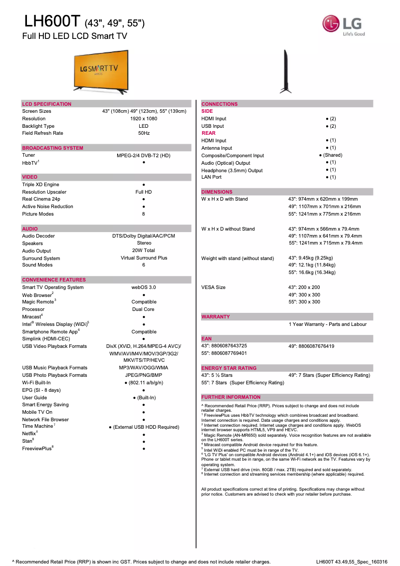 Image de la première page du manuel de l'appareil 43LH600T