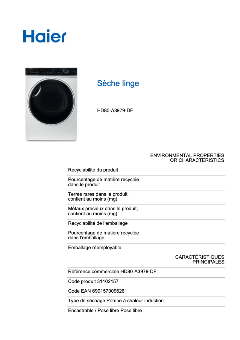 Page 1 de la notice Label énergétique Haier HD80-A3979