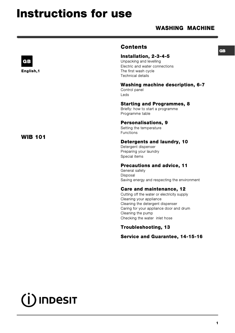 Page 1 de la notice Manuel utilisateur Indesit WIB 101 (UK)