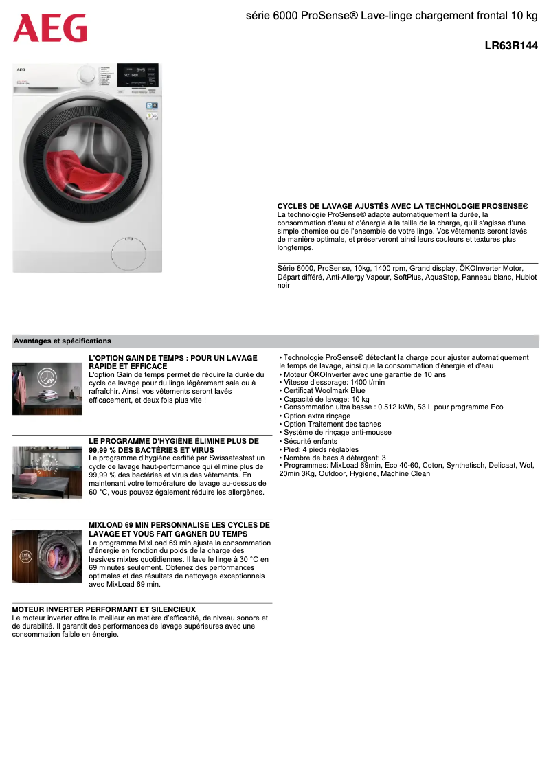 Page 1 de la notice Fiche technique AEG LR63R144