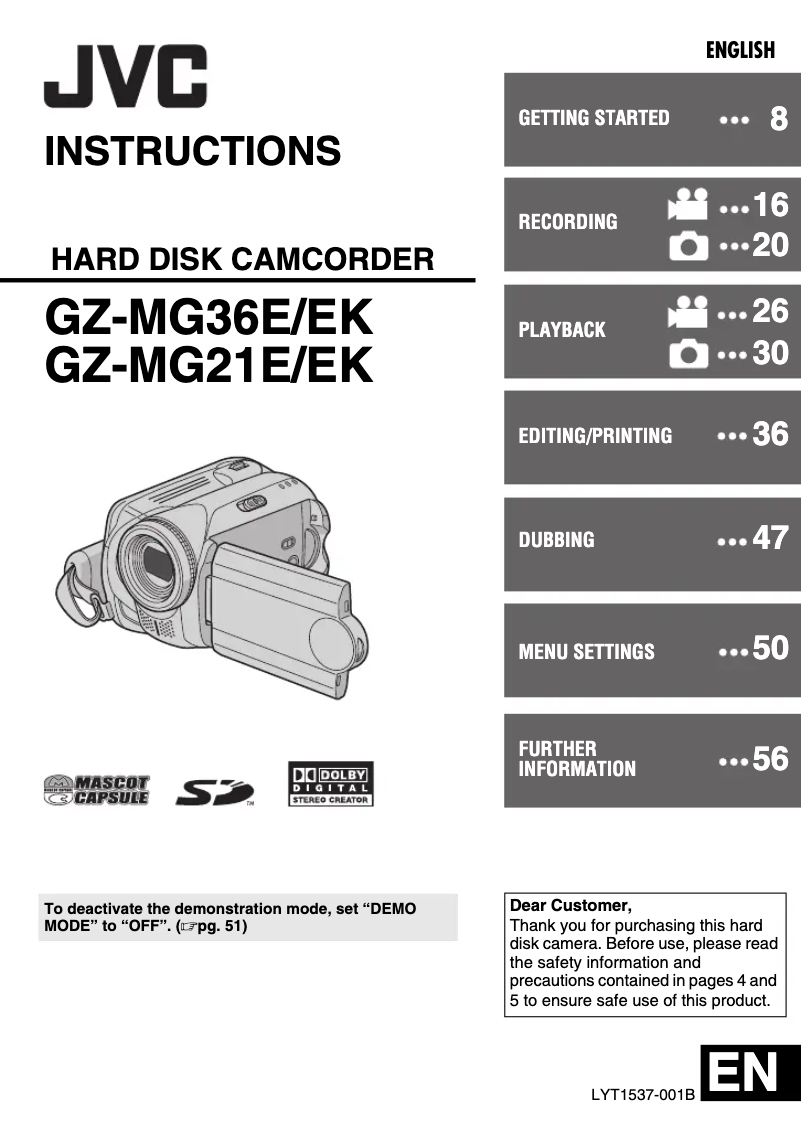 Page 1 de la notice Manuel utilisateur JVC Everio GZ-MG36