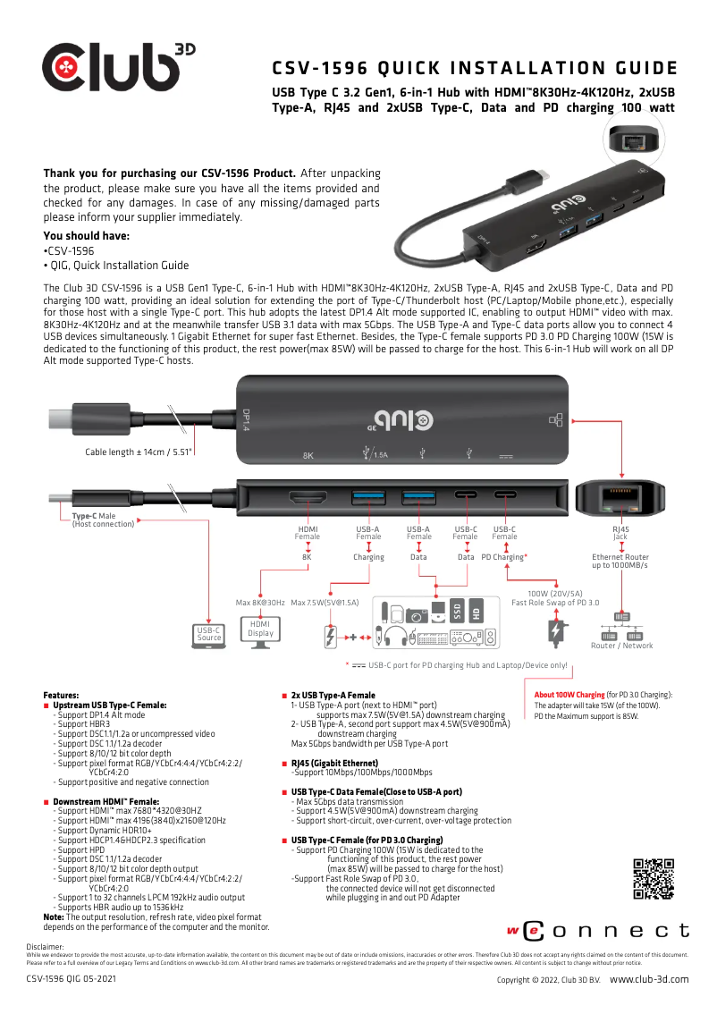 Page 1 de la notice Manuel utilisateur CLUB3D CSV-1596