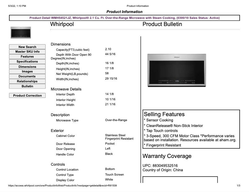 Page 1 de la notice Fiche technique Whirlpool WMH54521JZ