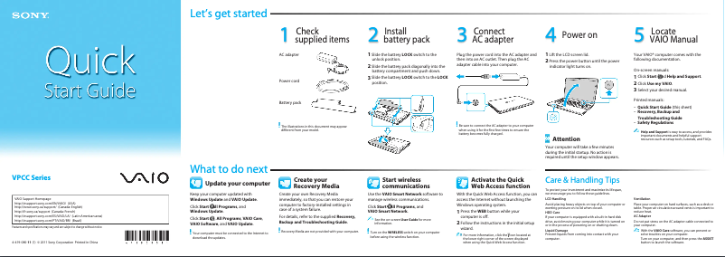 Page n°1 - Guide d'installation Sony Vaio VPCCB490X