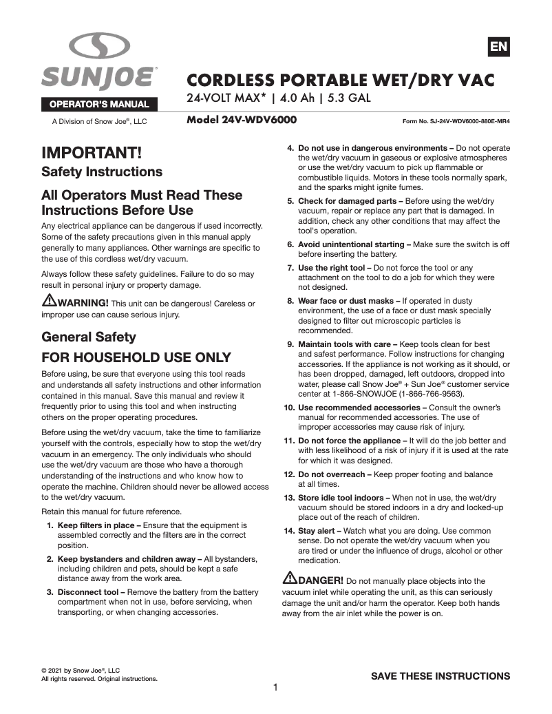 Page 1 de la notice Manuel utilisateur Sun Joe 24V-WDV6000