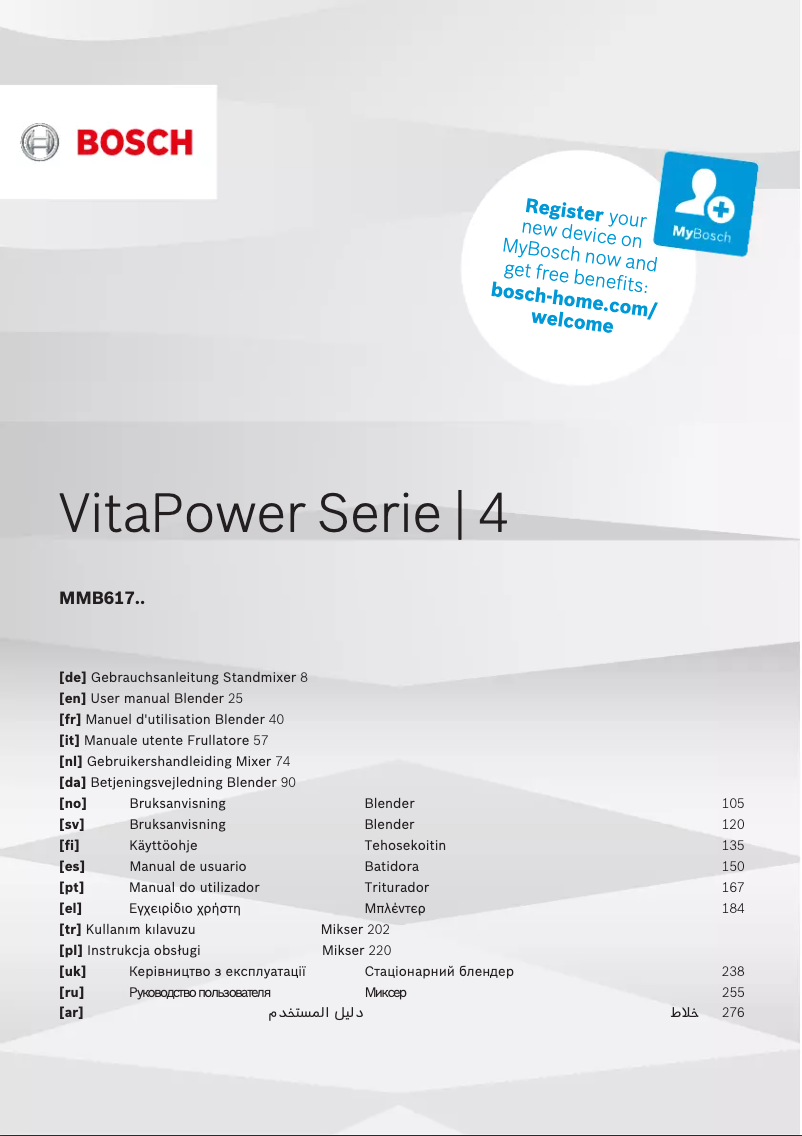 Page 1 de la notice Manuel utilisateur Bosch VitaPower Serie 4 MMB6172SN