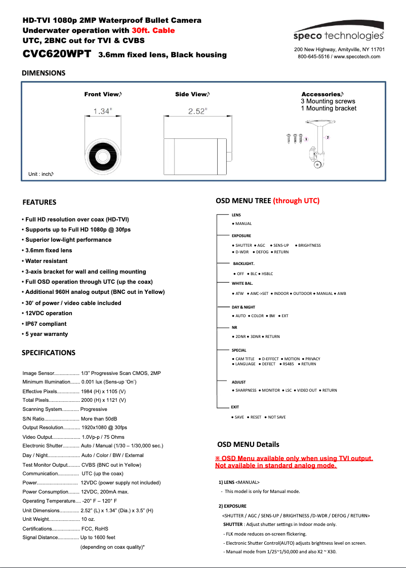 Page 1 de la notice Manuel utilisateur Speco Technologies CVC620WPT