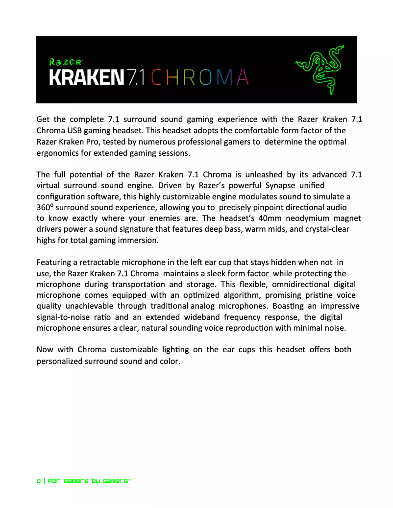 Page 1 de la notice Manuel utilisateur Razer Kraken 7.1 Chroma