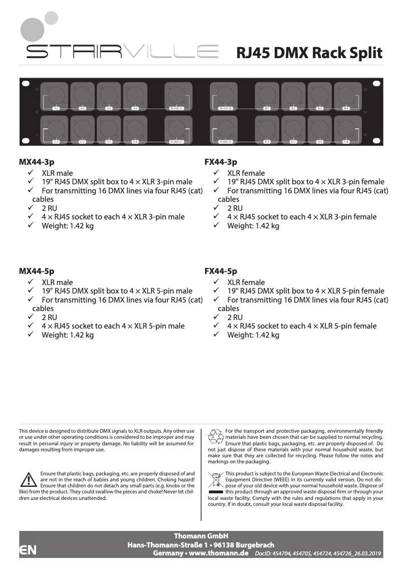 Page 1 de la notice Manuel utilisateur Stairville RJ45 DMX Rack Split MX44