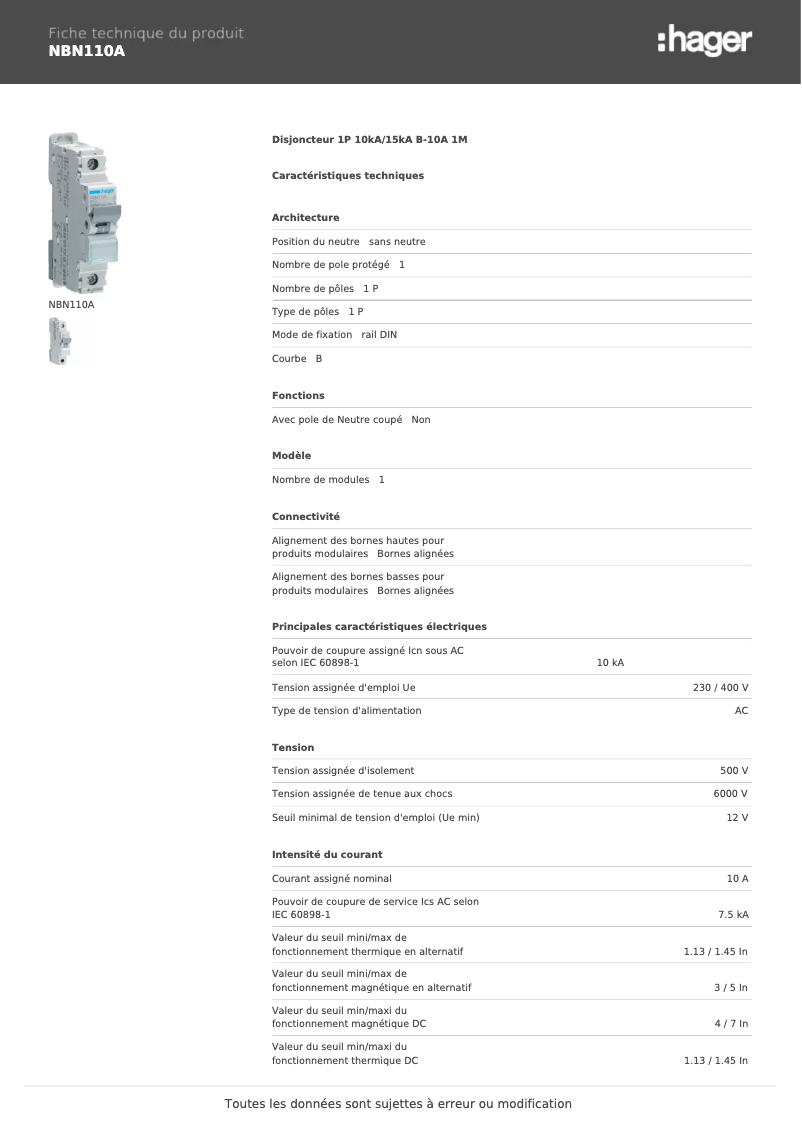 Page n°1 - Manuel utilisateur Hager NBN110A