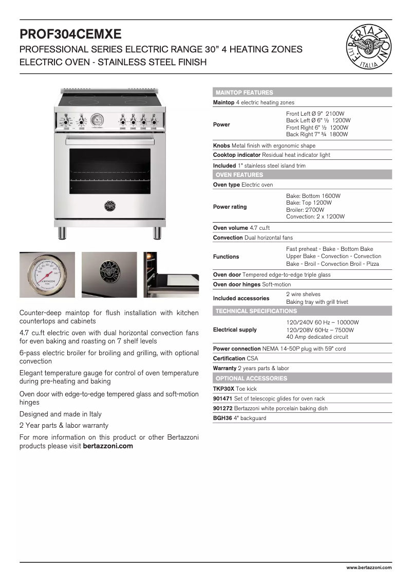 Page n°1 - Fiche technique Bertazzoni PROF304CEMXE