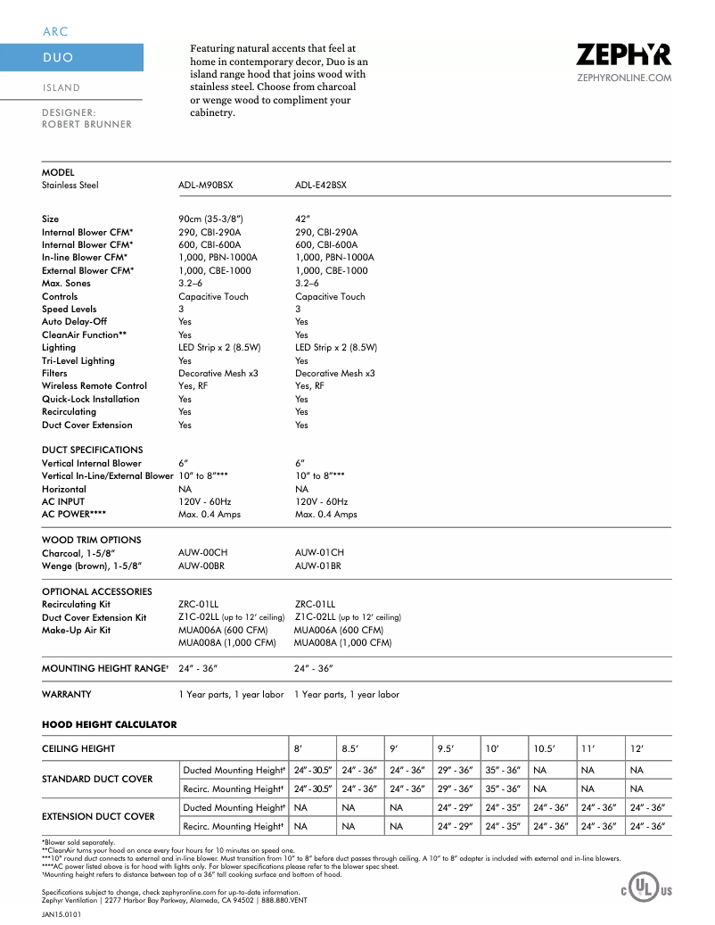 Page 1 de la notice Fiche technique Zephyr ADLM90BSX
